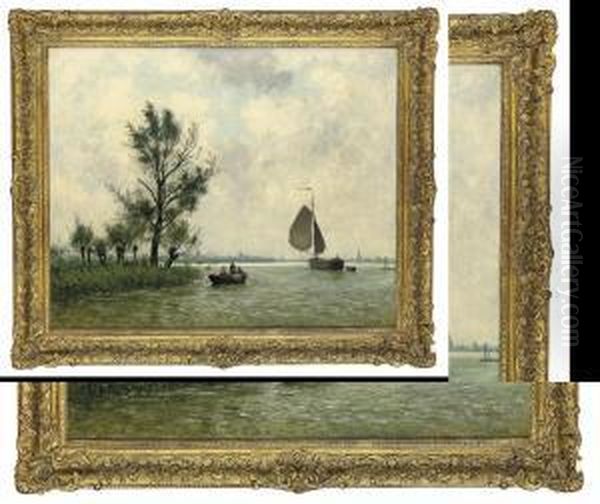 An Extensive River Landscape With Figures In A Rowing Boat, Sailing Boats And A City Beyond - view 1