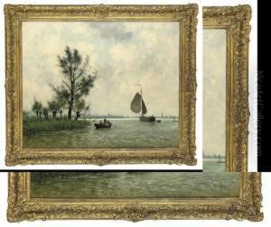 An Extensive River Landscape With Figures In A Rowing Boat, Sailing Boats And A City Beyond by Alphonse Stengelin