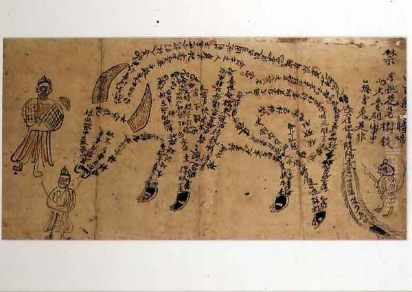 Handpainted incantation depicting a water buffalo composed of a poem with three Taoist priests, South Chinese - view 1