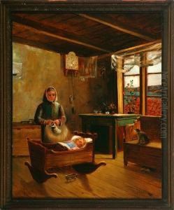 A Country Interior With A Knitting Lady And Sleeping Child I A Cradle. Signed by Oscar Frans Stenvall