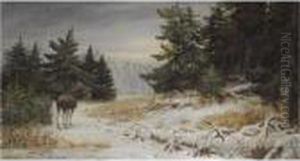 Elk In A Winter Landscape by Aleksi Stepanovich Stepanov