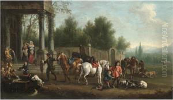 An Elegant Hunting Party Resting By A Fountain - view 1