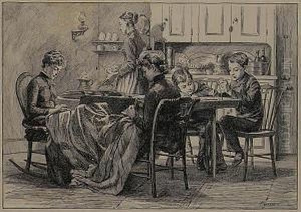 Women And Children Gathered Around Kitchen Table With Another Subject. - view 1