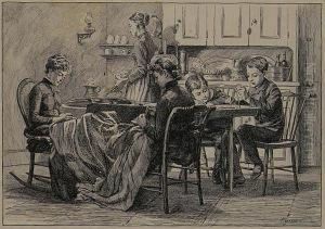 Women And Children Gathered Around Kitchen Table With Another Subject. by Alice Barber Stephens