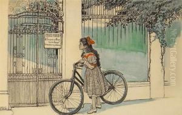 Girl With Bicycle Pauses At Gate. - view 1