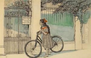Girl With Bicycle Pauses At Gate. by Alice Barber Stephens