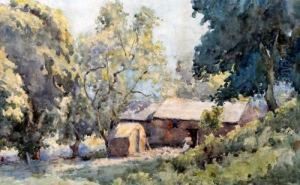 Feeding The Chickens, A Lady Before A Barn In Woodland