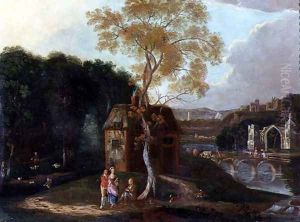 A Chinaman and Other Figures in a Capriccio River Landscape by Anonymous Artist
