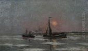 Marine Met Zeil-en Stoomboot Bij Ondergaande Zon by Romain Steppe