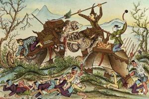 The Invincible Vorvong Decapitating his Opponent with One Stroke, illustration from the Cambodian Lengend of 'Vorvong and Saurivong', collected by Auguste Pavie on his Mission in Indo-China, 1879-98