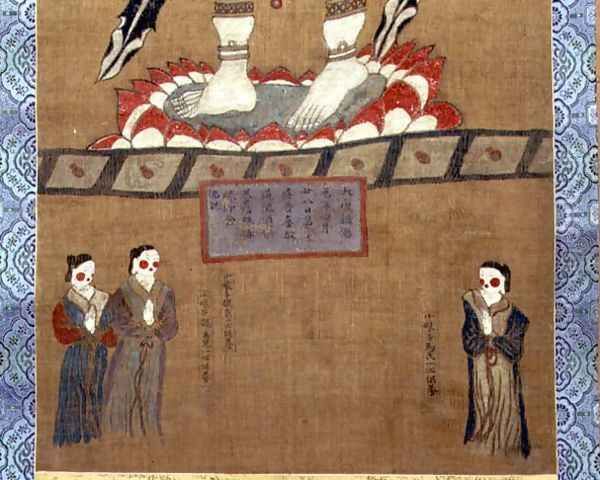 Female figures making offerings to Avalokitesvara (Guanyin) (detail from a hanging scroll from the Dunhuang Caves, 664 AD) - view 1