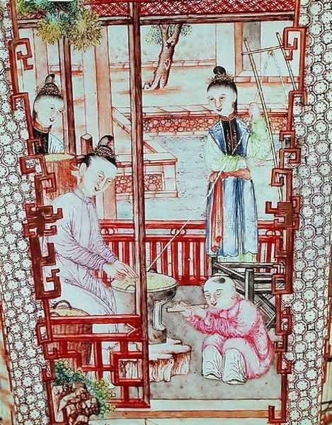 Detail from a vase depicting women spinning silk - view 1