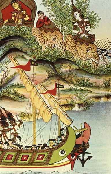 Saurivong and Sar Bopha on their Elephants Exchanging Best Wishes with the Warriors, illustration from the Cambodian Legend of 'Vorvong and Saurivong', collected by Auguste Pavie on his Mission in Indo-China, 1879-95 - view 1
