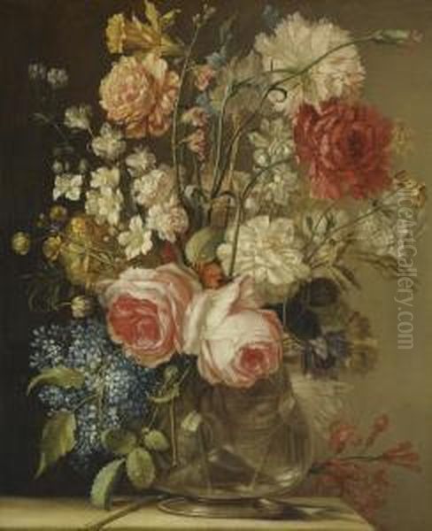 A Still Life With Roses, A Daffodil And Other Flowers In A Glass Vase On A Stone Ledge - view 1