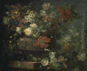 Red And White Roses, Tulips, Blossom And Other Flowers, In Asculpted Vase, On A Stone Ledge by Ludovico Stern