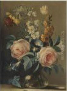 A Still Life With Roses And Other Flowers In A Glass Vase by Ludovico Stern