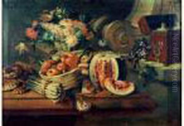 Nature Morte Aux Pasteque, Panier De Fruits, Asperges Et Coupe De Fleurs - view 1