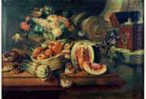 Nature Morte Aux Pasteque, Panier De Fruits, Asperges Et Coupe De Fleurs