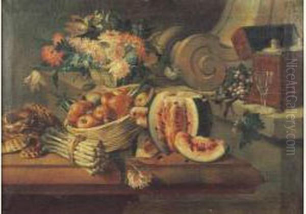 Nature Morte Au Pasteque, Panier De Fruits, Asperges Et Coupe De Fleurs - view 1