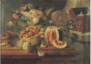 Nature Morte Au Pasteque, Panier De Fruits, Asperges Et Coupe De Fleurs
