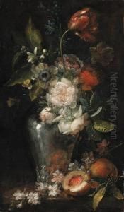 Red And White Roses, Tulips, Anenomes, Blossom And Other Flowers Ina Glass Vase With Peaches On A Table by Ludovico Stern