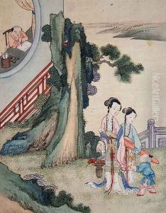 A man writing and his family by the side of a river by Anonymous Artist