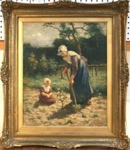Mother And Child Workingin A Garden by Jacobus Frederick Sterre De Jong