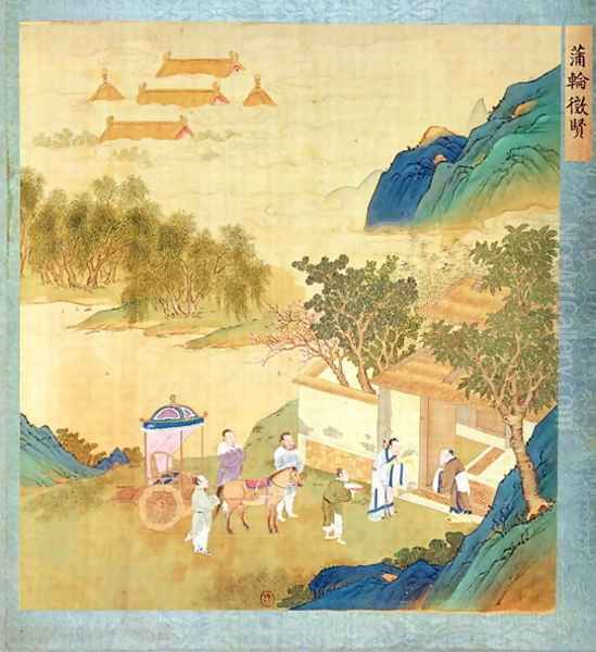 Emperor Wu Ti (156-87 BC, r. 141-87 BC) welcoming a man of letters, from a history of Chinese emperors - view 1