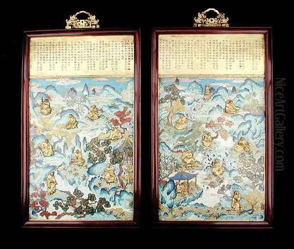 Pair of plaques depicting buddhist figures in a Chinese landscape, Qianlong period, 1736-95 - view 1