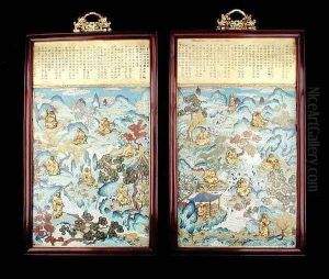 Pair of plaques depicting buddhist figures in a Chinese landscape, Qianlong period, 1736-95 by Anonymous Artist
