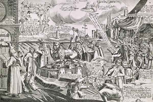 Martin Luther 1483-1546 writing on the church door at Wittenberg in 1517 - view 1