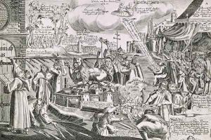 Martin Luther 1483-1546 writing on the church door at Wittenberg in 1517 by Anonymous Artist