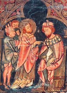 St. Cyprian (c.200-258) Bishop of Carthage brought before Emperor Valerian (r.253-60) 1300-25 by Anonymous Artist