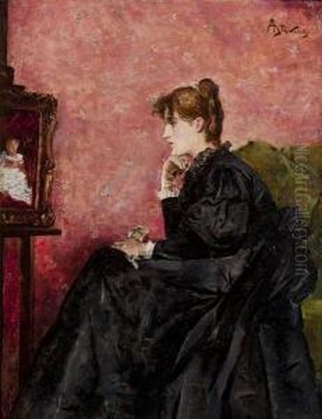 Jeune Femme Assise Devant Un Portrait D'enfant - view 1