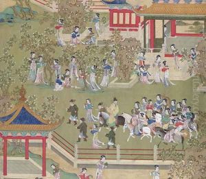 Emperor Yang Ti (581-618) strolling in his gardens with his wives, from a history of Chinese emperors by Anonymous Artist