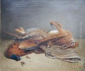 English Partridge, Snipe And Hare With Basket On A Ledge