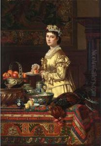 An Interior With An Elegant Lady Standing By A Kitchen Still Life An Interior With An Elegant Lady Standing By A Kitchen Still Life