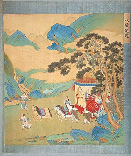 The Emperor Mu Wang (c.985-c.907 BC) of the Chou Dynasty in his chariot, from a history of Chinese emperors - view 1