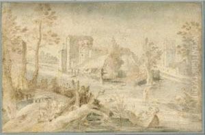 A River Landscape With A Town In The Distance, Hunters In A Boat And Other Figures In The Foreground by Pieter Stevens