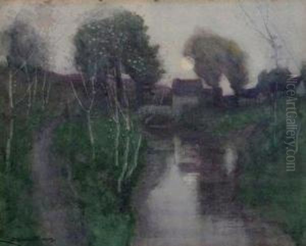 Moonlit Over A River With Buildings In The Distance - view 1