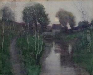 Moonlit Over A River With Buildings In The Distance by Robert Macaulay Stevenson
