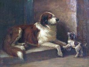 Horace, Study Ofa Spaniel And Puppy On A Doorstep