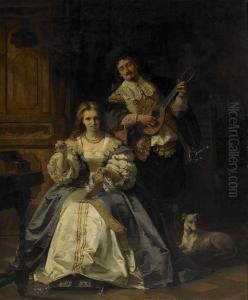 Interior Med Elegant Dam Och Musicerande Herre by Gustav Curt Stever