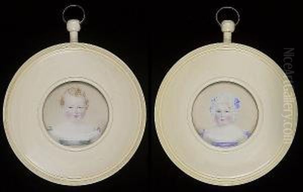 A Pair Of Portraits Of Children; One Wearing White Dress, Green Bows On The Sleeves And A Matching Waistband; The Other Wearing White Dress With Blue Bows On The Sleeves, Matching Waistband And Trimmed Lace Bonnet - view 1