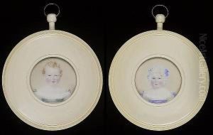 A Pair Of Portraits Of Children; One Wearing White Dress, Green Bows On The Sleeves And A Matching Waistband; The Other Wearing White Dress With Blue Bows On The Sleeves, Matching Waistband And Trimmed Lace Bonnet by Anthony Stewart