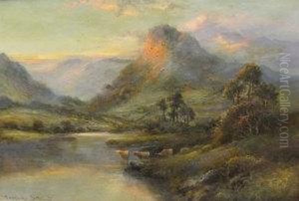 Cattle Watering In A Highland Loch At Sunset - view 1