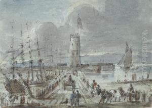 Soldiers And Horse-drawn Carts On The Pier At Whitehaven With Trading Brigs Moored Alongside by Sir James Stewart