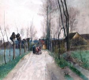 French Rural Scene With Woman And Cow On A Tree-lined Roadway With Dwellings In The Background
