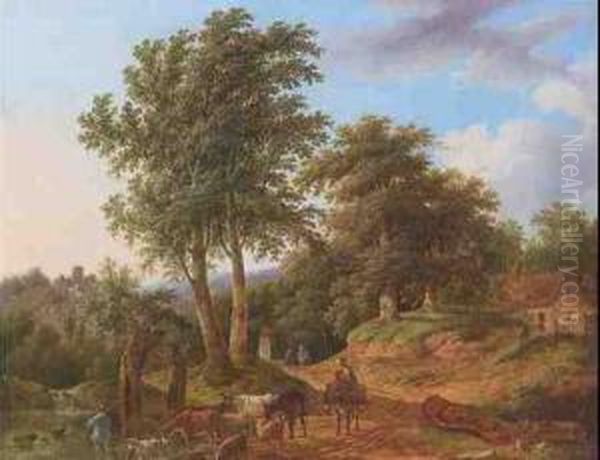 Baumlandschaft Mit Hirten Und Vieh Auf Dem Weg Am Wasser Vorn - view 1