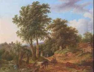 Baumlandschaft Mit Hirten Und Vieh Auf Dem Weg Am Wasser Vorn